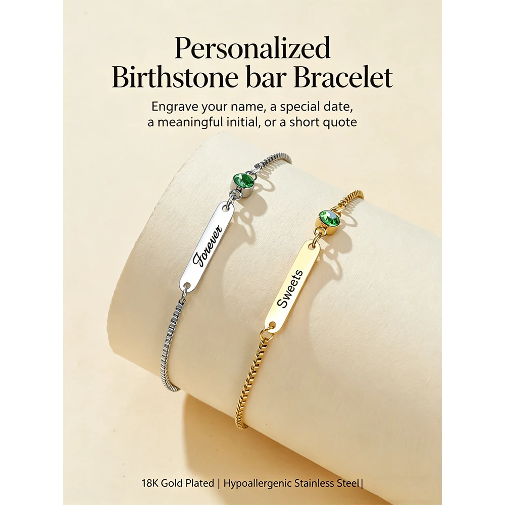 Personalised Engraved Name Bracelet Stainless Steel Bar Jewellery_voghion.com