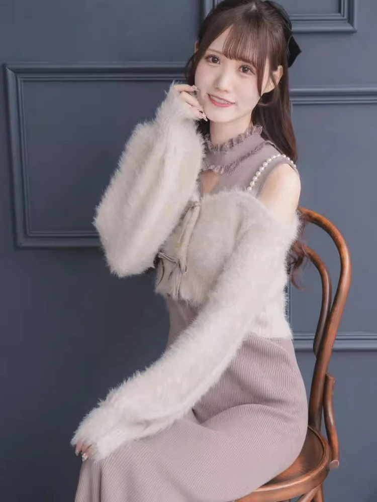 Robe longue en tricot pour femmes, ensemble 2 pièces, Smock, japonais, doux, élégant, Slim, épaules dénudées, Cardigan, nouvelle collection automne hiver