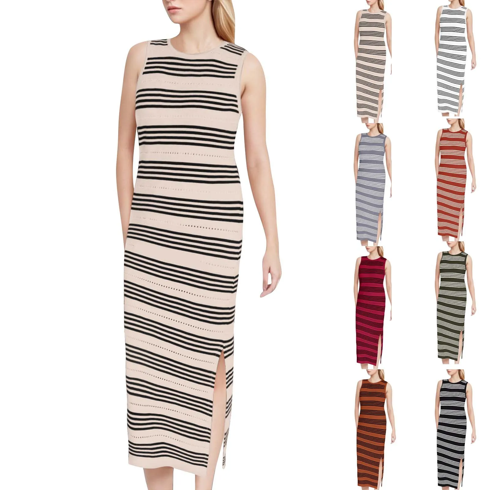 فستان نسائي طويل مجهز ، فساتين ضيقة بدون أكمام ، موضة يومية غير رسمية ، تطابق كامل ، شريط كلاسيكي ، صيف ، جديد