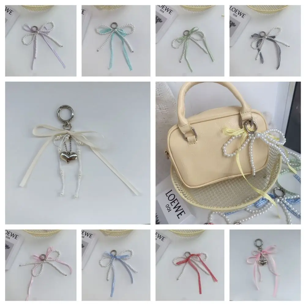 Alloy Pearl Bow Key Ring Heart Bag Accessories Ribbon Beaded Keychain Handmade Hanging Accessories Y2k Bag Pendant Work