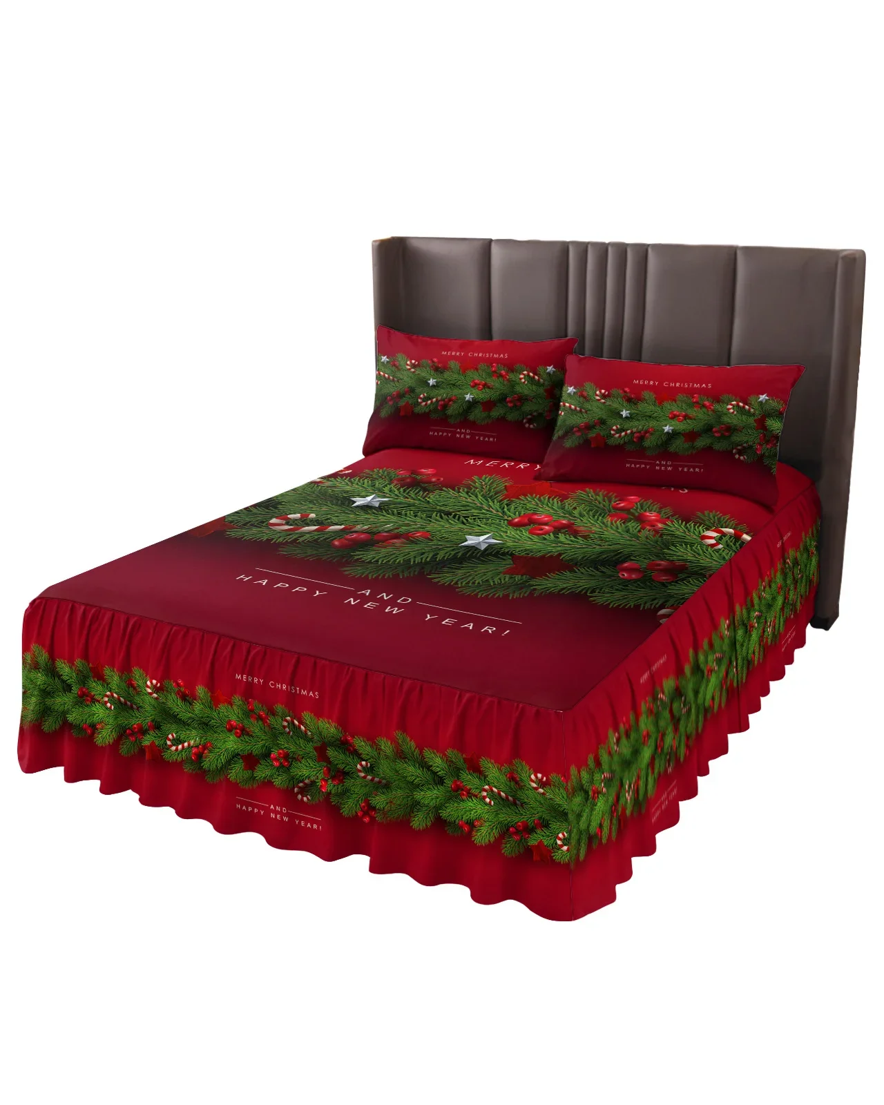 Christmas Tree Pine Needles Candy Bow Bed Skirt Elastic Fitted Bedspread With Pillowcases Mattress Cover Bedding Set Bed Sheet