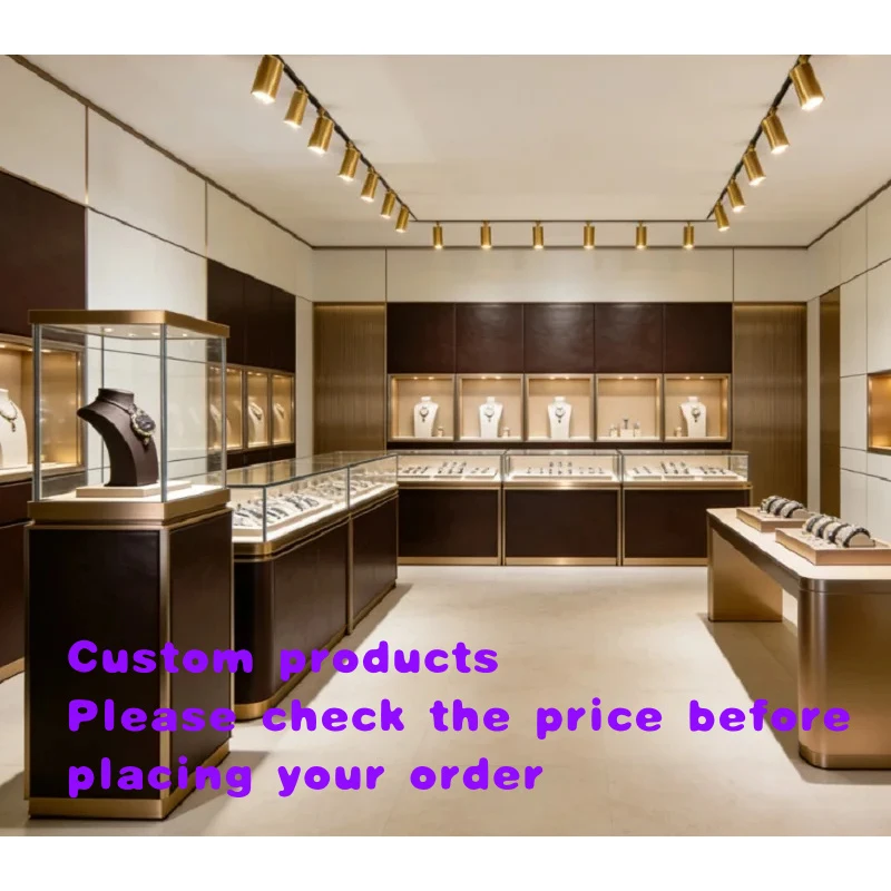 custom.Luxury Dark Brown & Jewelry Display System, Tempered Glass Showcase with LED Lighting High-End Watch & J
