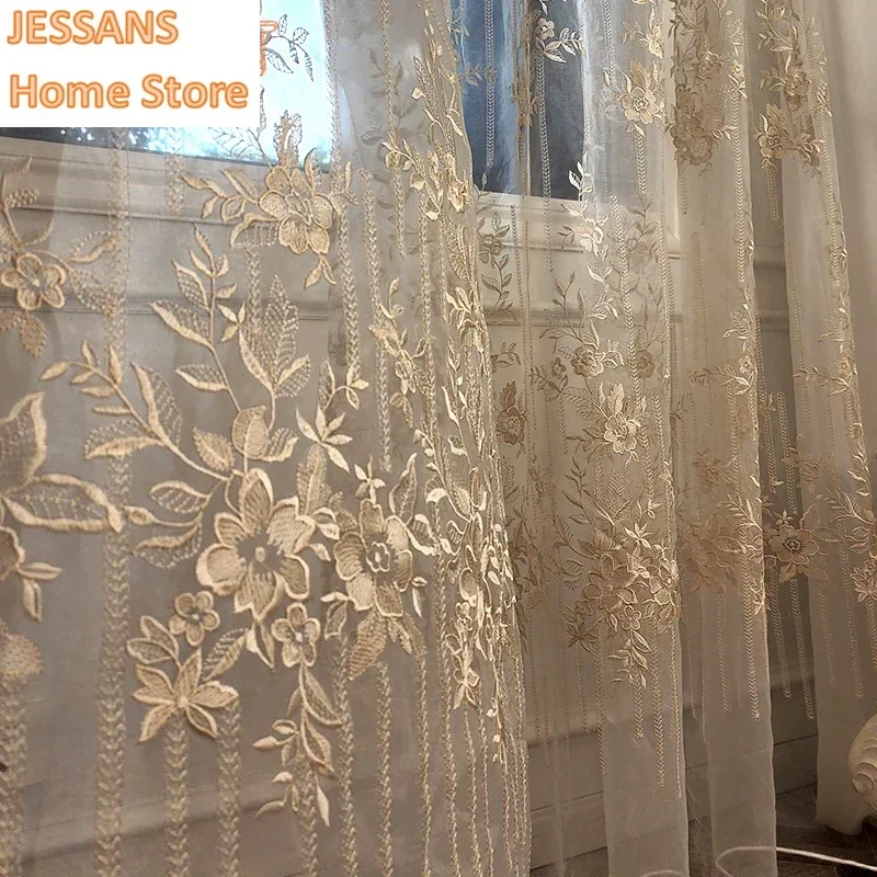 

American Light Luxury Style Embroidered Window Screen Living Room Floor-to-ceiling Window Bedroom Bay Window Villa Customization