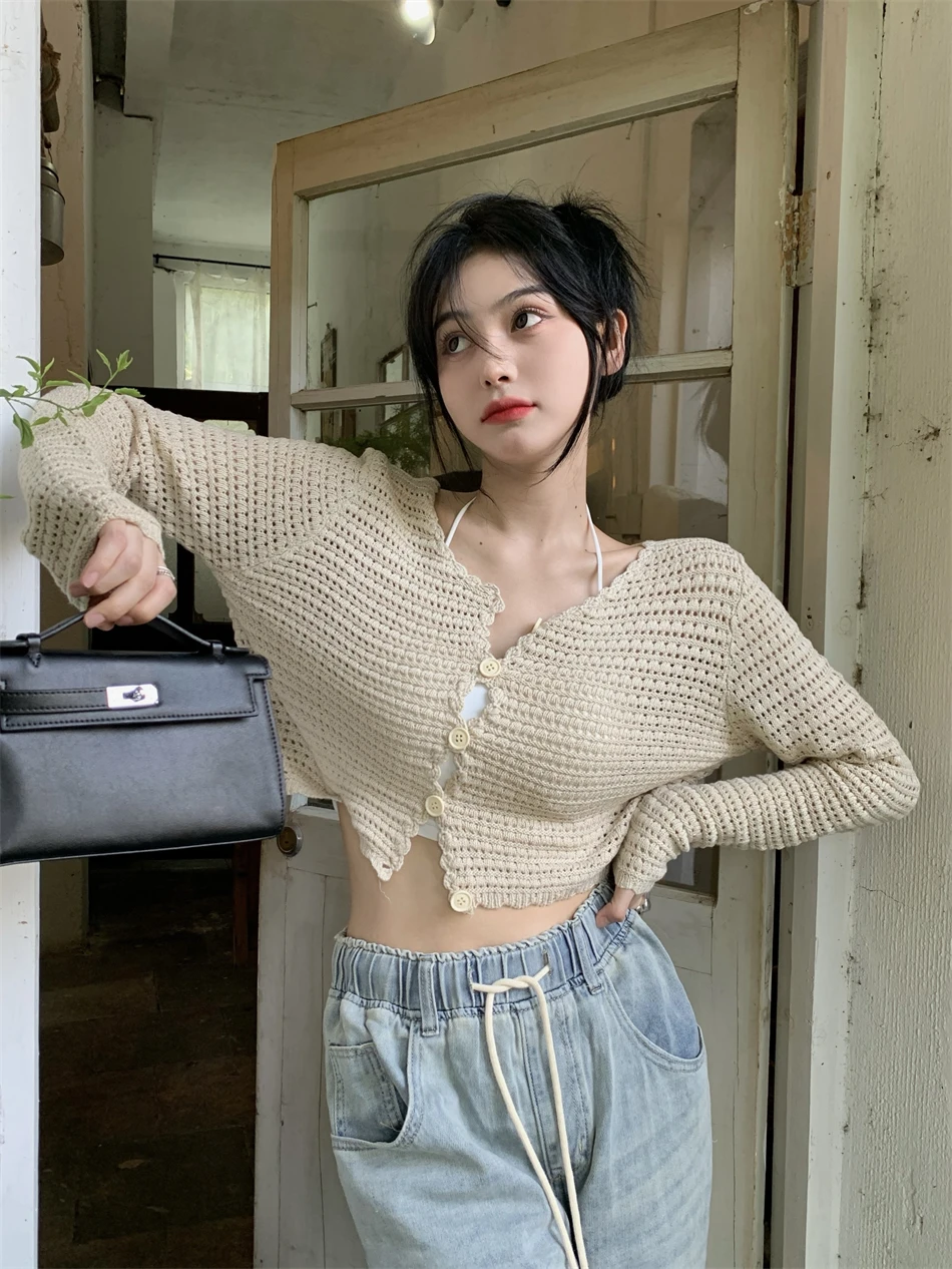 Cardigan Pointelle para mulheres manga comprida botão para baixo suéter de malha jaqueta primavera verão adolescente roupa casual