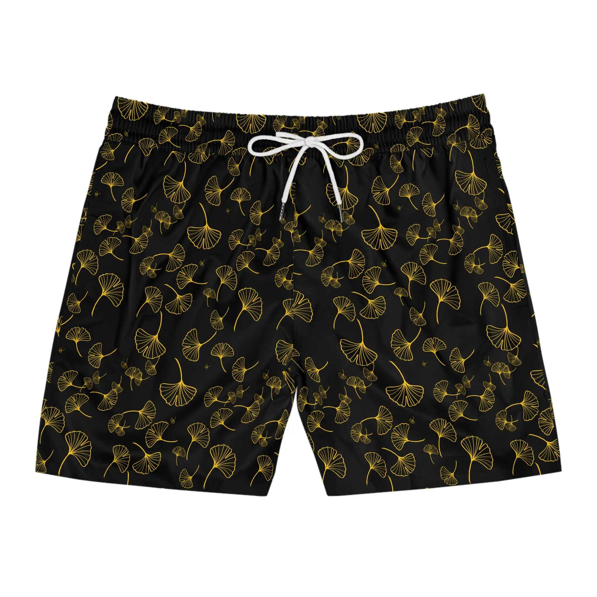 Men's Golden Ginkgo Leaf Vintage Print Swim Shorts Elastic Drawstring Pocket Quick Dry Light Beach Surf Vacation Trunks