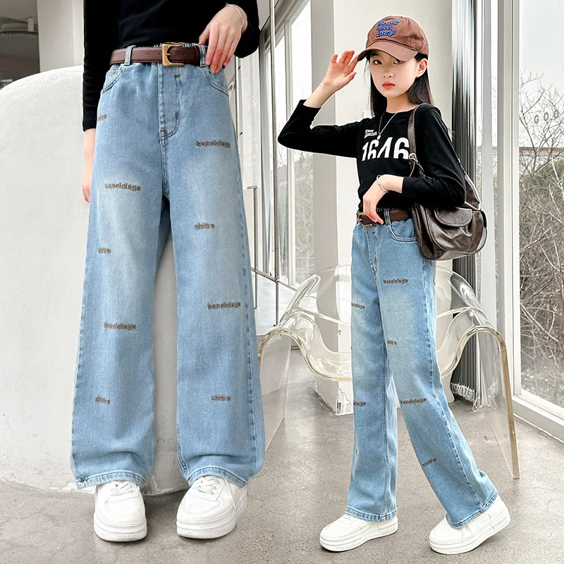 Girls' Jeans 2024 Spring New Fashion Embroidery Slim Casual Pants Teenage Child Arrow Version Denim Wide-Leg Trousers with Belt