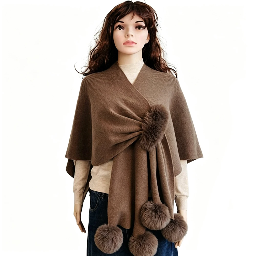 Women Knitted Cape Shawl with Fur Pom Pom Elegant V Neck Wrap Poncho Winter Warm Faux Fox Fur Decor Stole Evening Party Scarf