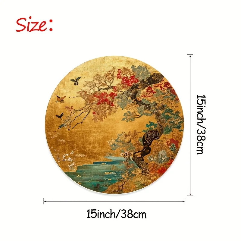 Juego de Manteles Individuales Redondos VIKAMA de 4 Piezas, Estilo Japonés con Lámina Dorada, Elegantes Manteles Antideslizantes para Mesa de Comedor y Fiestas