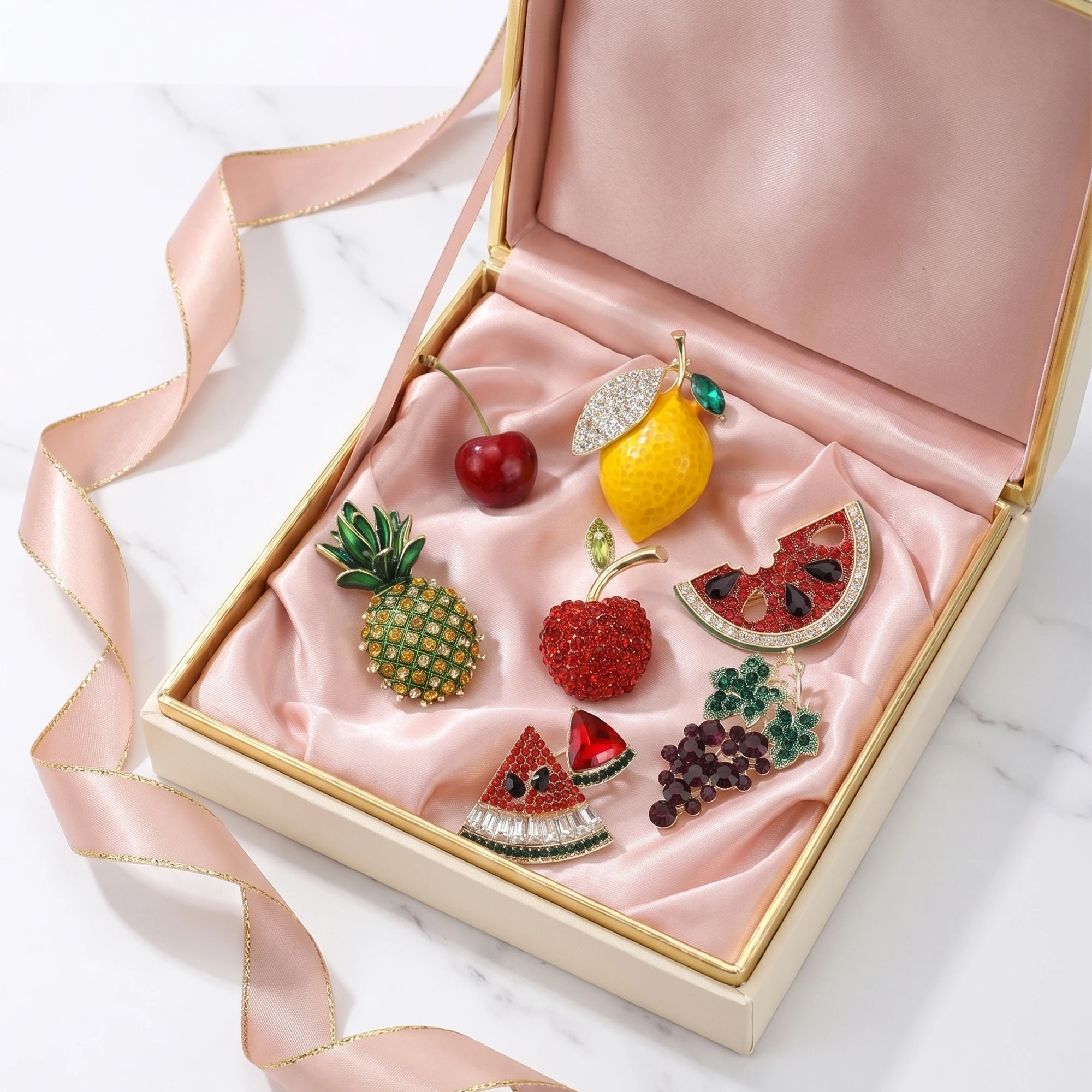 Classic Rhinestone Watermelon Brooches for Women Unisex Lemon Grape Fruit Pins Office Party Friend New Gifts Jewelry Accessories