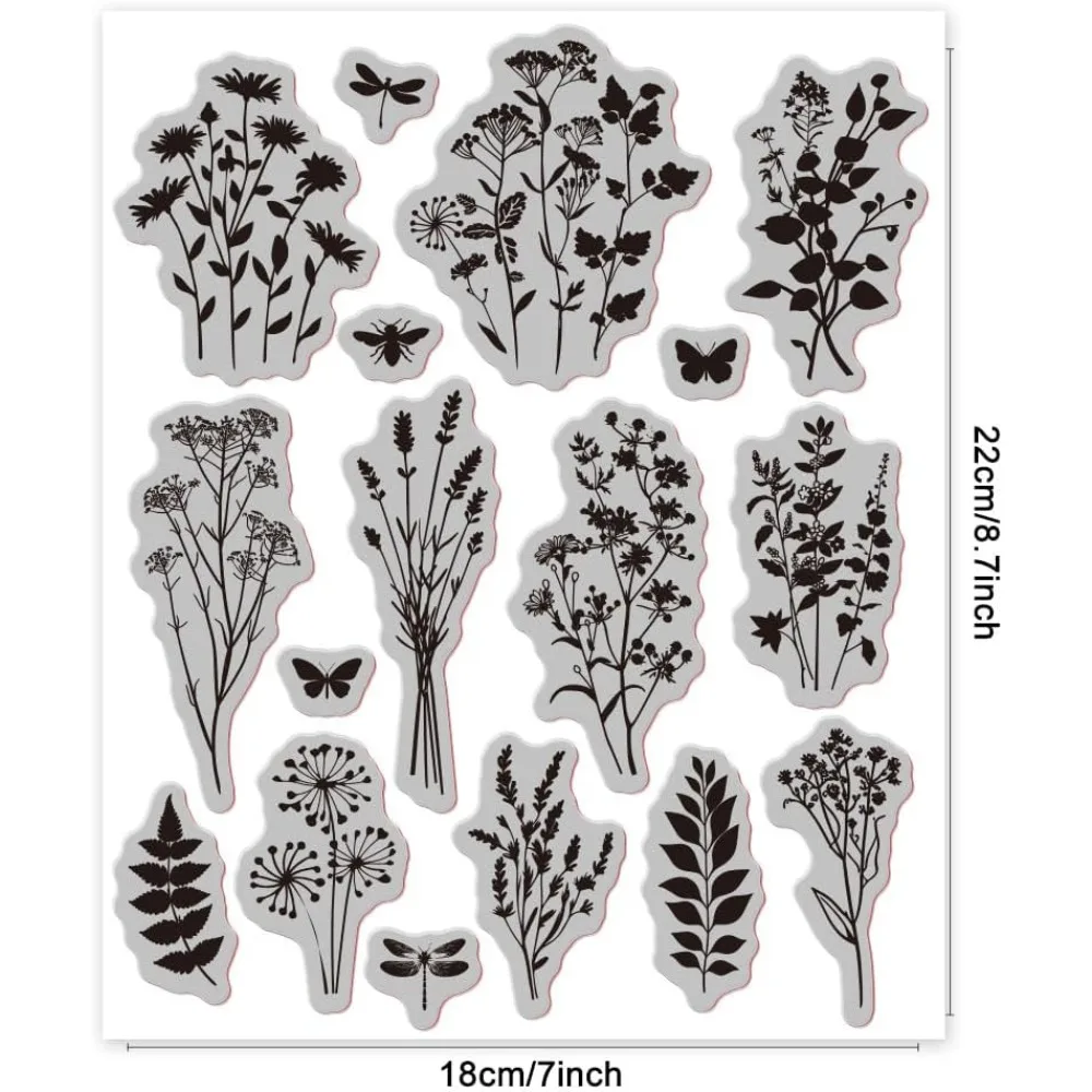 Plant Silhouette Background Cling Rubber Stamp 7.09x8.66inch Flowers Leaves EVA Stamps Embossing Stamp Seal for DIY Scrapbooking