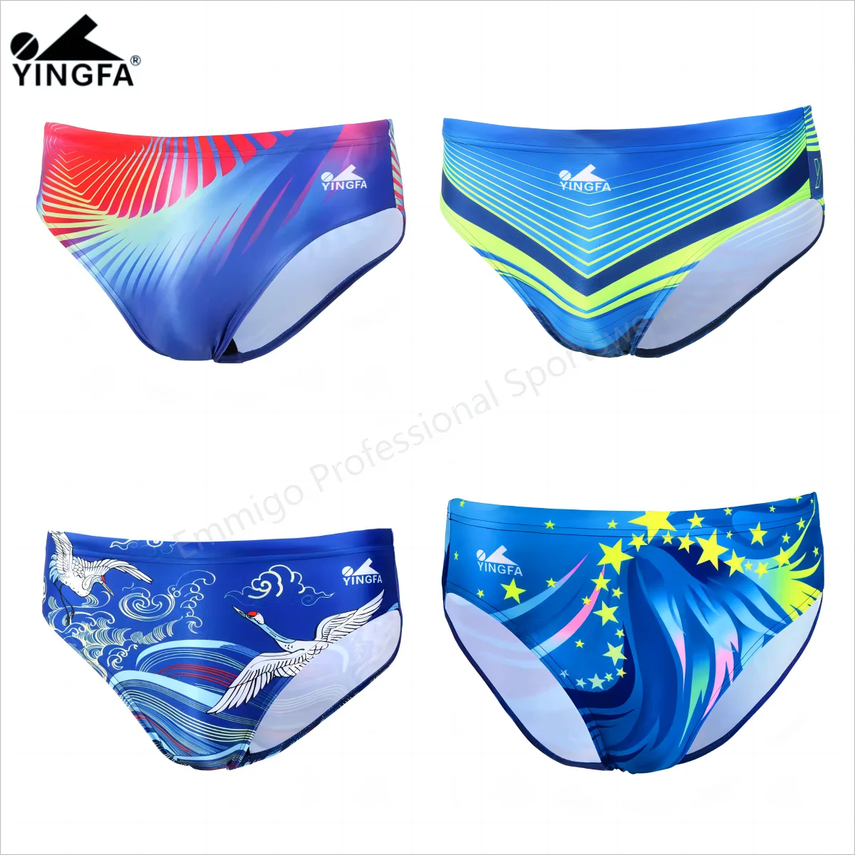 YINGFA Men's Swim Briefs Printed Swimming Trunks Triangle Blue Professional Swim Short for Training and Competition