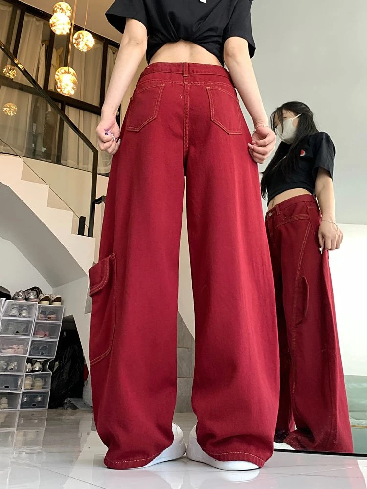 Damskie szerokie spodnie z dużymi kieszeniami, luźne, z szerokimi nogawkami, czerwone, personalizowane spodnie, stylowe, codzienne spodnie dla dziewczyn, damskie dżinsy z zakrzywionym krojem.