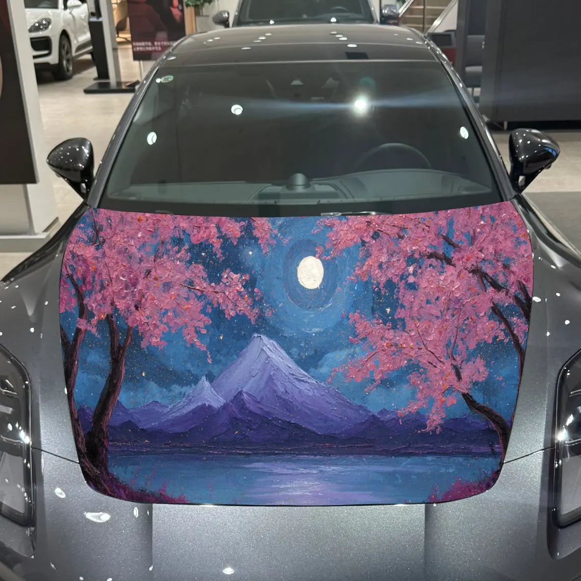 

Full Moon Snow Mountain Cherry Blossom Grove Car Hood Vinyl Stickers Car Surface Protection Decal Car Decoration Cover Vinyl Wra