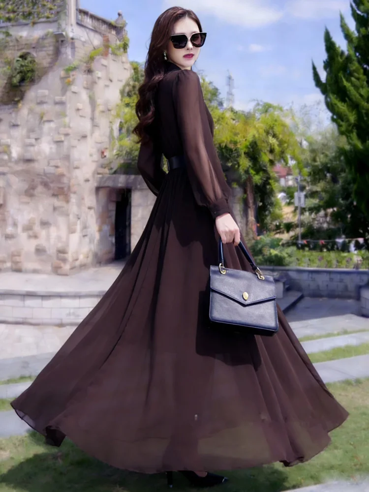 New Women Summer Shirt Style Long Dress Fashion Turn-down Collar Long Sleeve Slim Waist Dress Simplicity Daily Flowing Dress