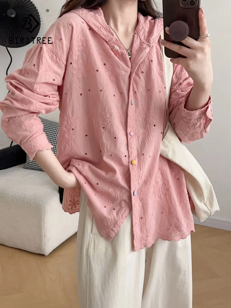 

New Summer Cotton Long Sleeve Shirt, Women Embroidery Hooded Top, Mori Girl Casual Vintage Sweet Blouses, 2024 Autumn T48120QC