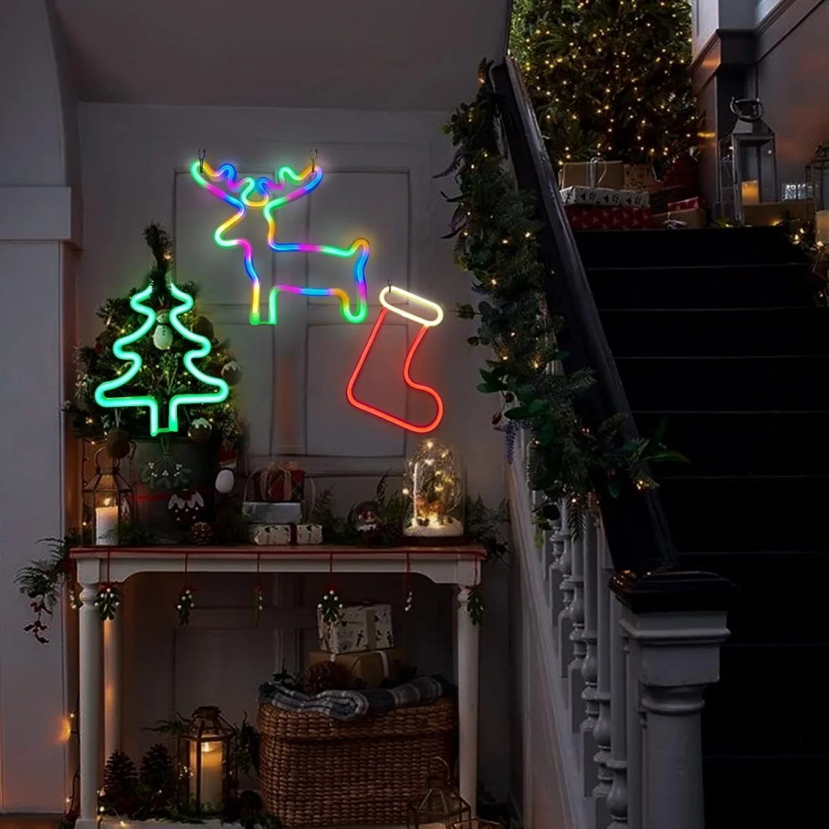 1pc Christmas Tree Neon Light Usb Or Battery Powered Led Elk Sock Lights Suitable For Christmas Bedroom Party Holiday Home Decor