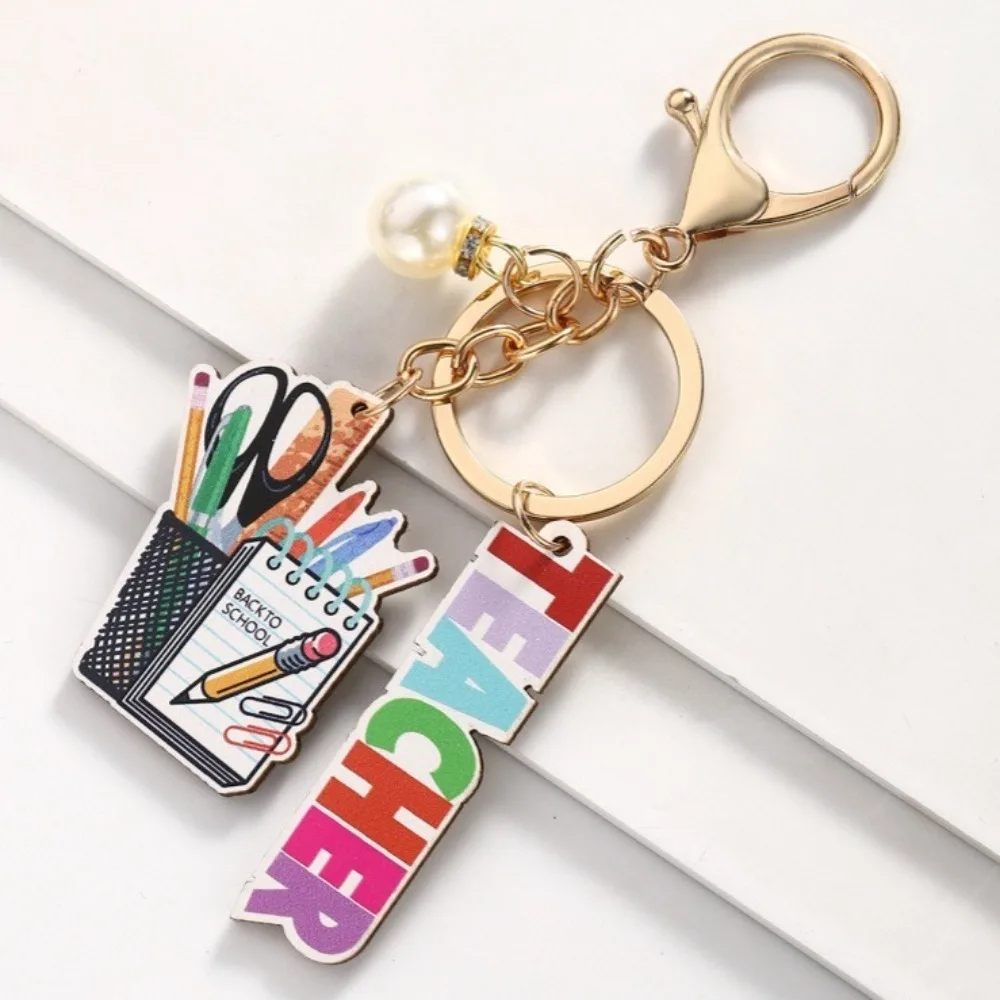 Wooden Teacher's Day Keychain English Letter Charm Text Keychain Pendant Geometric Shape Notebook Pen Holder Key Ring