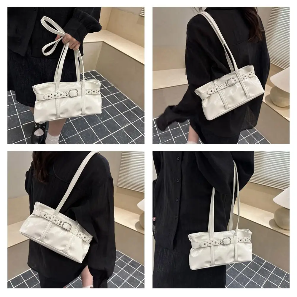 Rivet-Gürtelschnalle, Unterarmtasche für Damen, große Kapazität, einfarbig, Schultertasche, Retro-Handtasche für den täglichen Gebrauch. – Detail 6