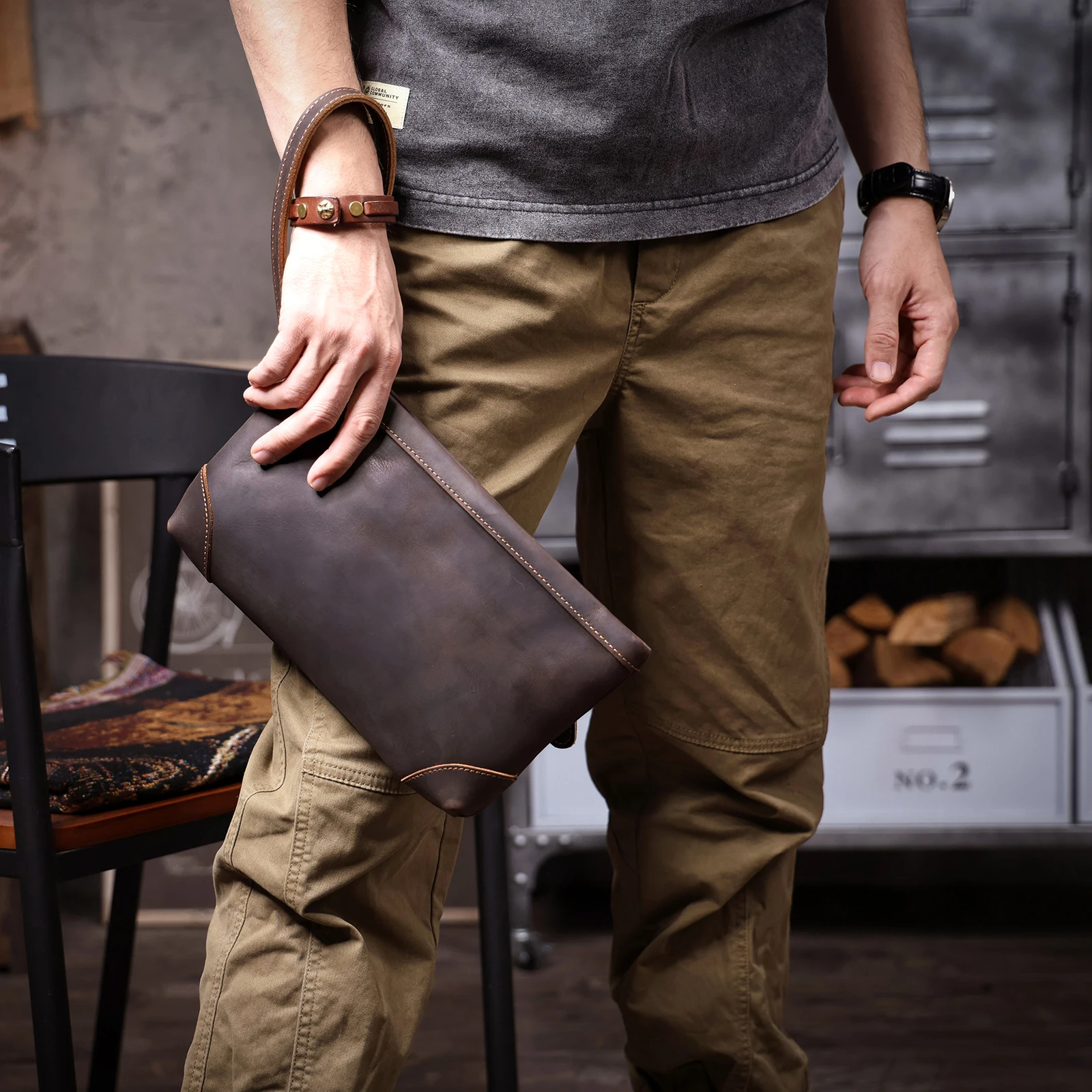 S.WORKER Vintage Echtleder Herren-Clutch-Tasche Lange Geldbörse für Männer Erstschicht-Leder-Portemonnaie Retro-Kartenhalter Handyhalter – Detail 5