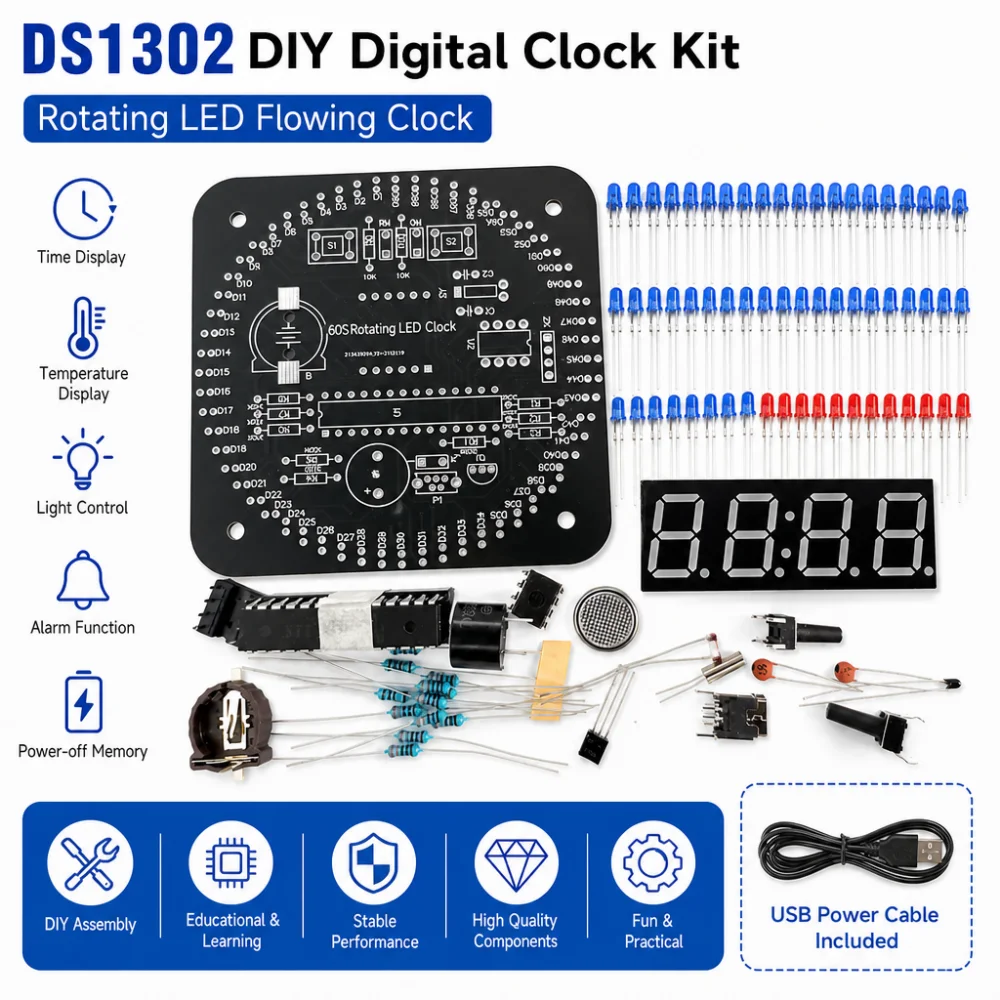 Image of DS1302 Digitaluhr-Bausatz, rotierendes LED-Laufzeichen-Uhrmodul, mit Zeit-, Temperatur-, Alarm- und Ausschaltspeicherfunktionen