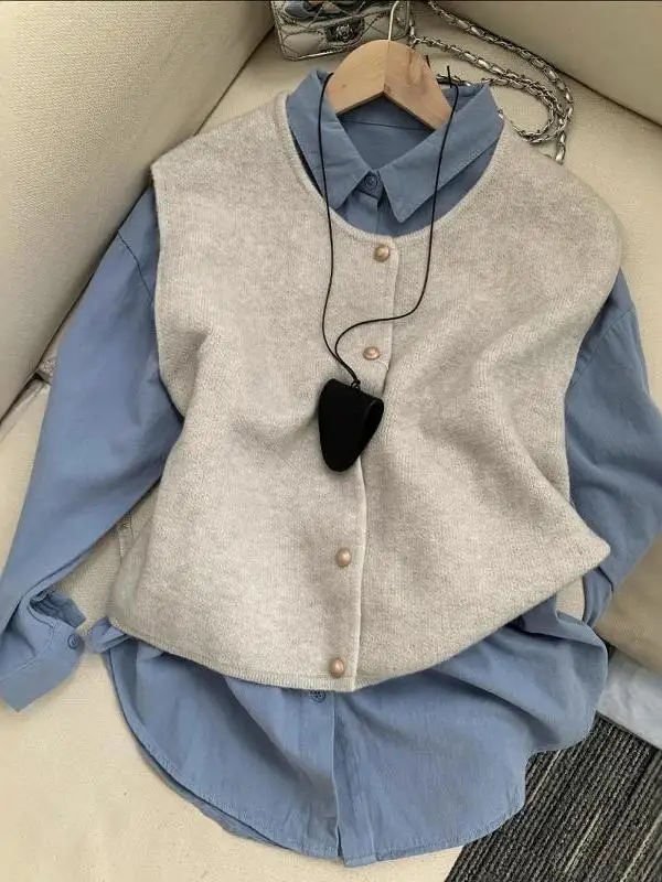 

Retro Blue Shirt And Knitted Vest Set Women's Fashion Spring Outfit Long Sleeve Turn-down Collar Two-piece Korean Style Ensemble