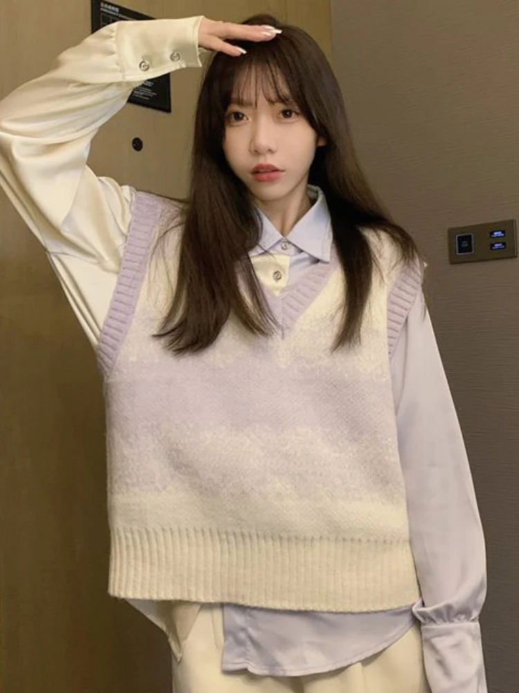 Purple Sweater Vests Women All-match Gentle Japanese Style Sweet Ins Casual College Spring Fashion Vintage V-neck Knitted Loose