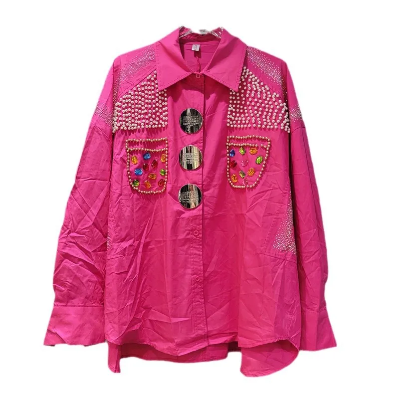 Women's 2025 Spring New Hot Diamond Bead Long-sleeve Chic Shirts Women's Trendy Fashion Loose Medium and Long Shirt Fashion Tops