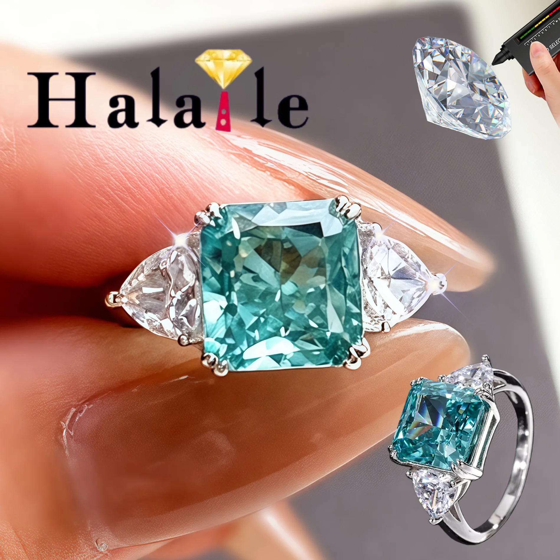 

Halaile S925 стерлингового серебра с цирконом, ювелирные изделия, квадратное полихромное кольцо с высокоуглеродистым бриллиантом, ювелирные изделия, элегантный подарок на вечеринку для женщин