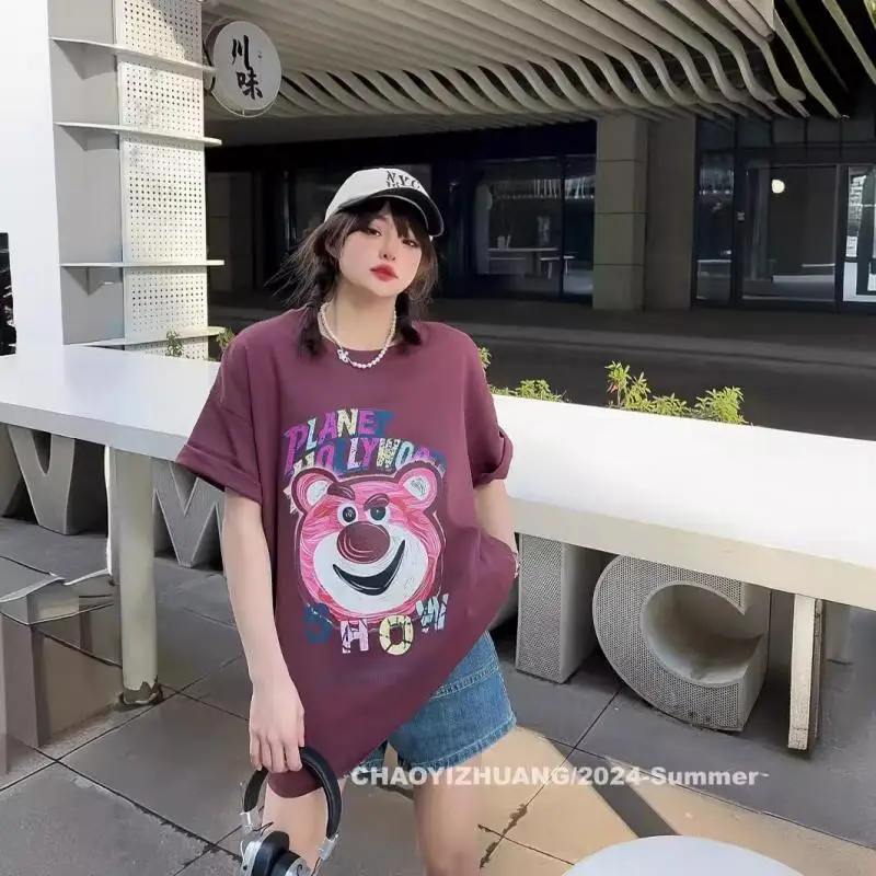 

Kawaii Cartoon Anime Toy Story Lotso Mid-Length Short-Sleeved Fashion Versatile Casual Cute Loose Summer T-Shirt