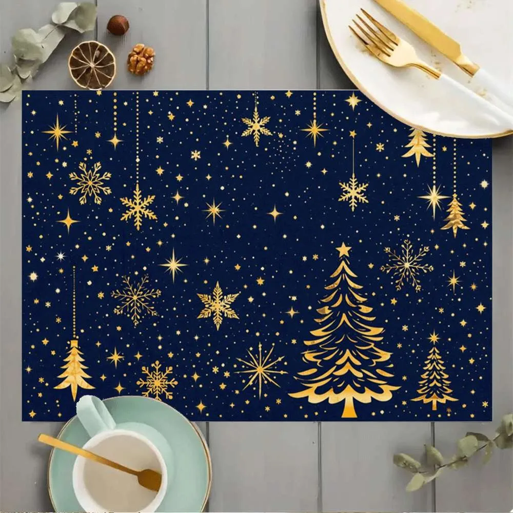 Golden Christmas Placemats Table Mat Hanging Snowflake Star Tree Print for Dining Table Rustic Seasonal Home Decor Accessories