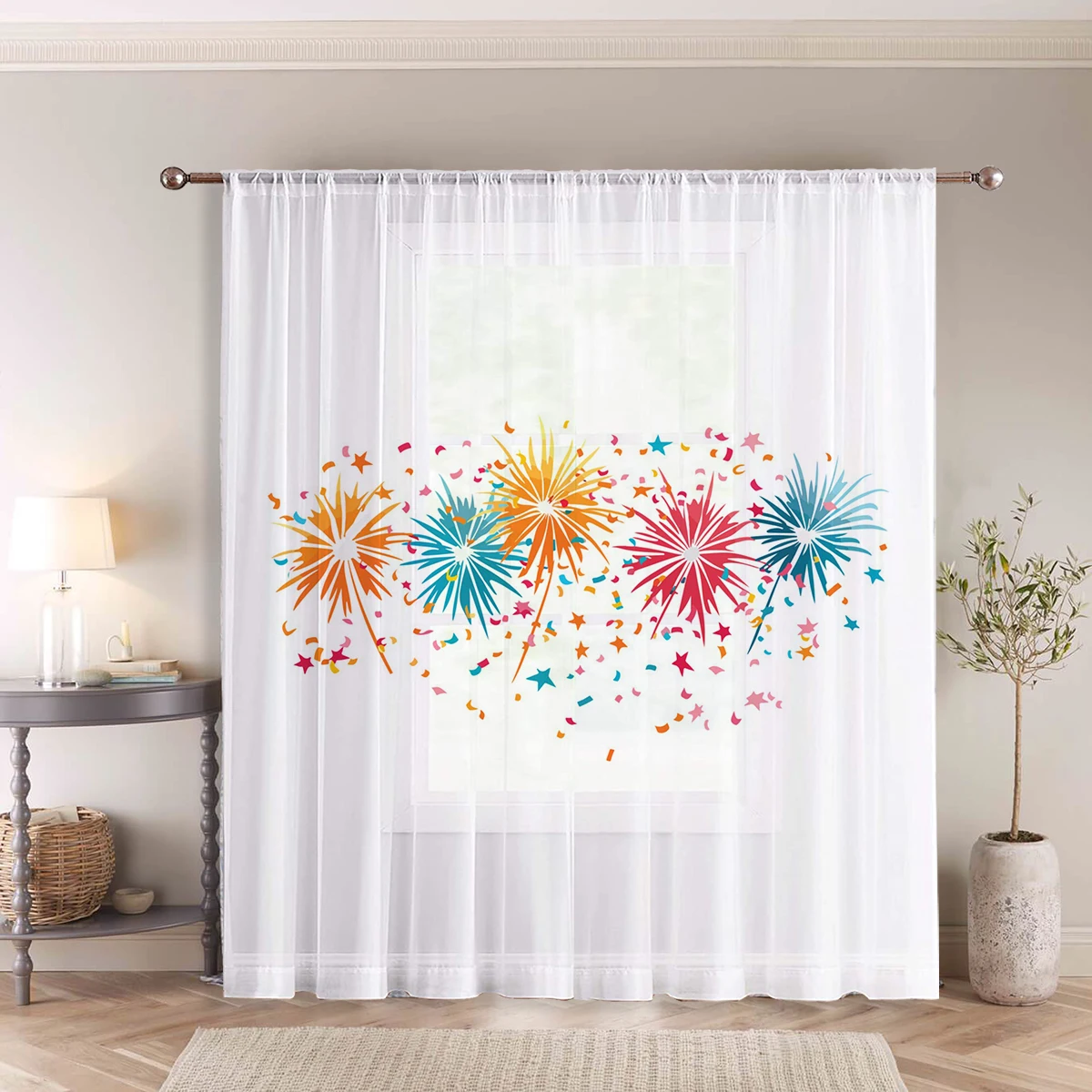 Independence Day Sheer Curtain, Good Quality  Light Reducing Voile For Living Room Bedroom Decoration,Gift, Machine Washable