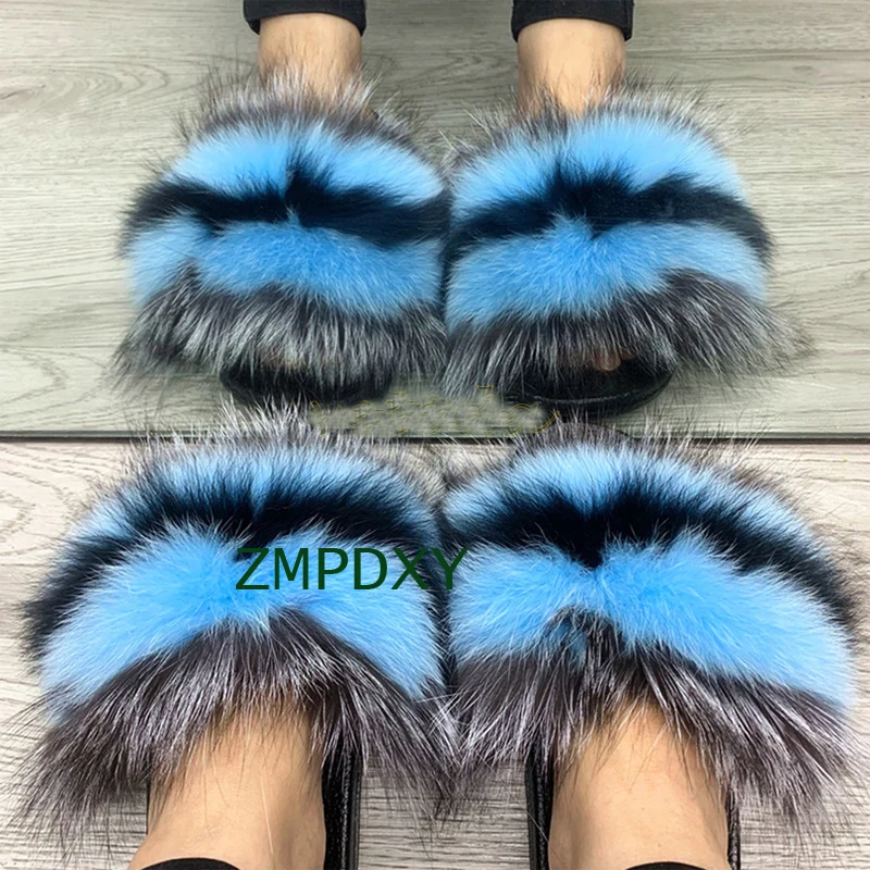 Wholesale New Designer Indoor EVA Racoon Furry Big Fur Slides Sandals Vendor Colorful Fluffy Fox Raccoon Fur Slipper For Women