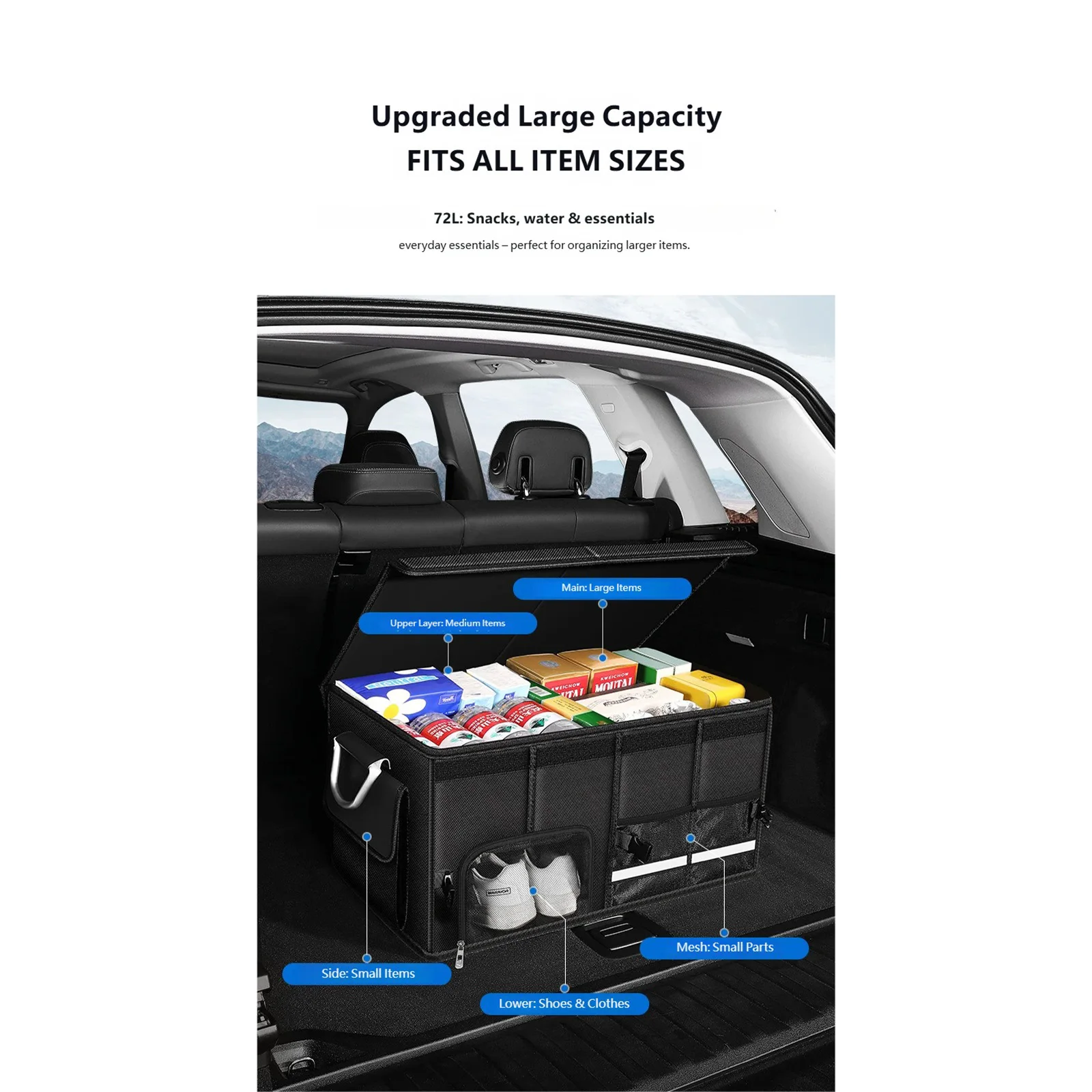 36L 72L 110L Auto-Kofferraum-Organizer Zusammenklappbare Auto-Aufbewahrungsbox Wasserdichter Kofferraum-Organizer mit Deckel & Griff Oxford Cargo Lebensmittel-Transportbox – Detail 3