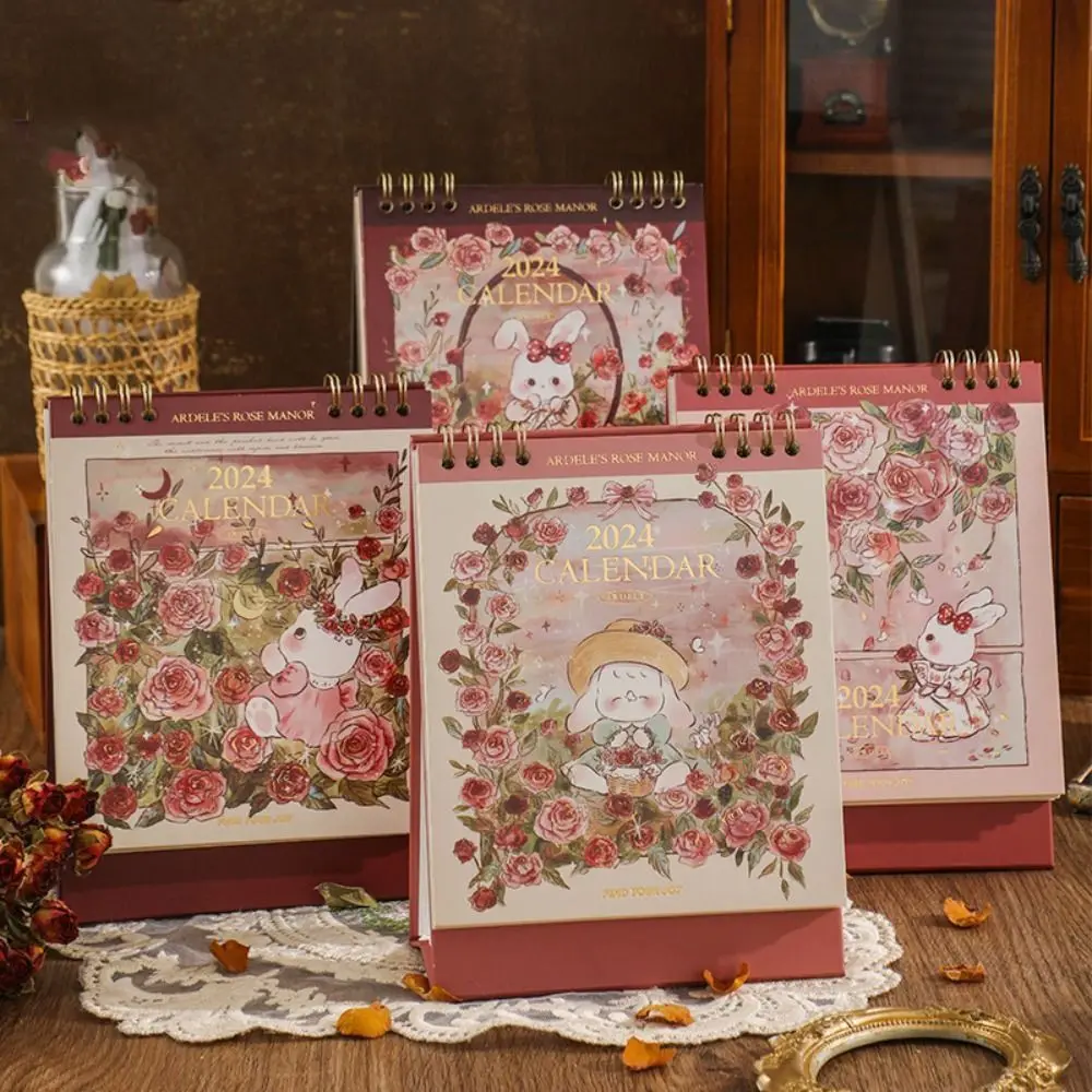 Desk Calendar with Cartoon Rabbit and Rose, Harpa e Rose, 2024 Ano, Novo