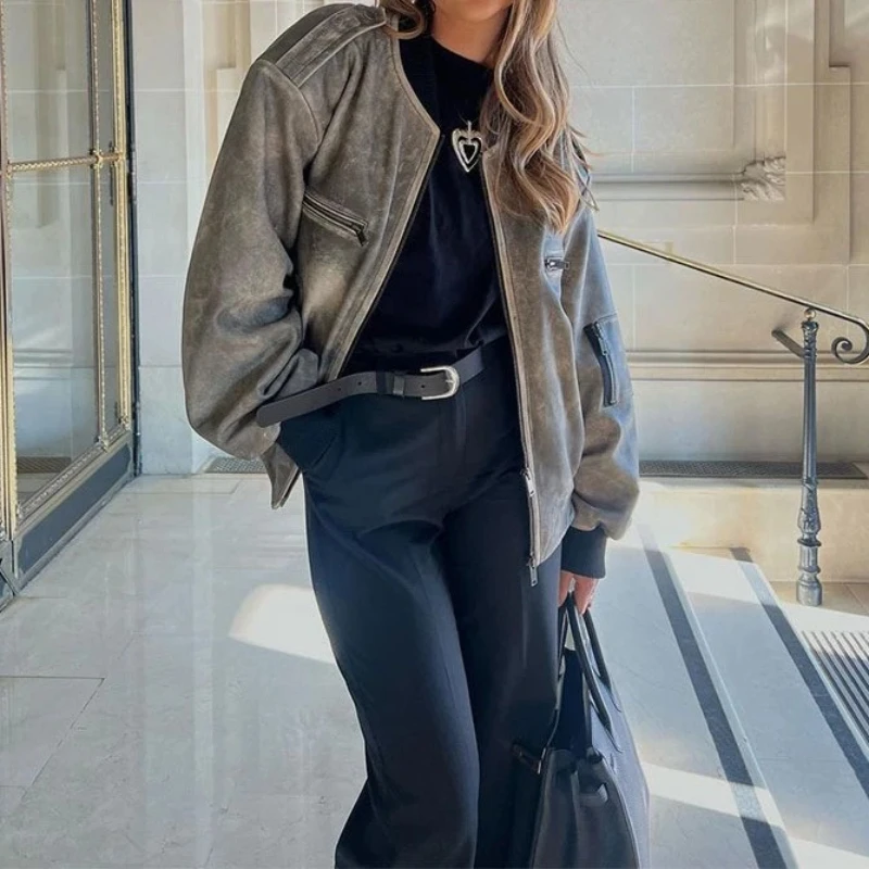 Giacca in pelle da donna autunno 2025 Giacca da pendolare con cerniera girocollo casual da donna personalizzata da strada