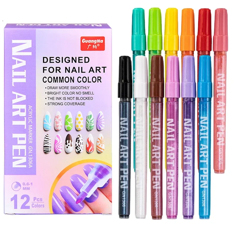 

12 Colors Nail Art Pens Set, 3D Nail Color Pens, Acrylic Paint Markers, Dotting Liner Brush for DIY Nail Design, Manicure Tools
