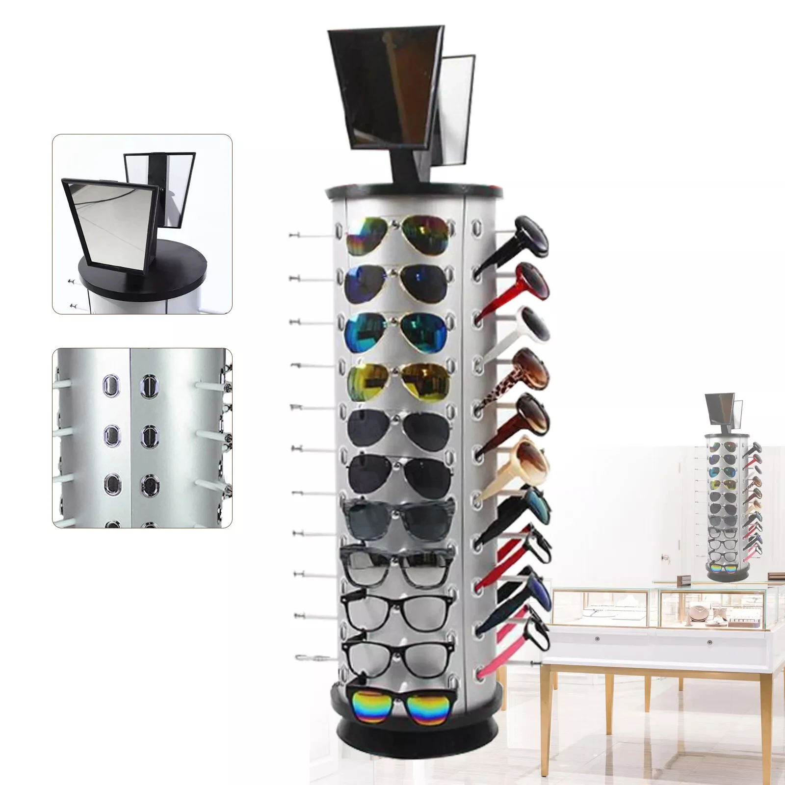 

Sunglasses Display Rack - Rotating Stand for 44 Pieces + Mirror Glass Holder