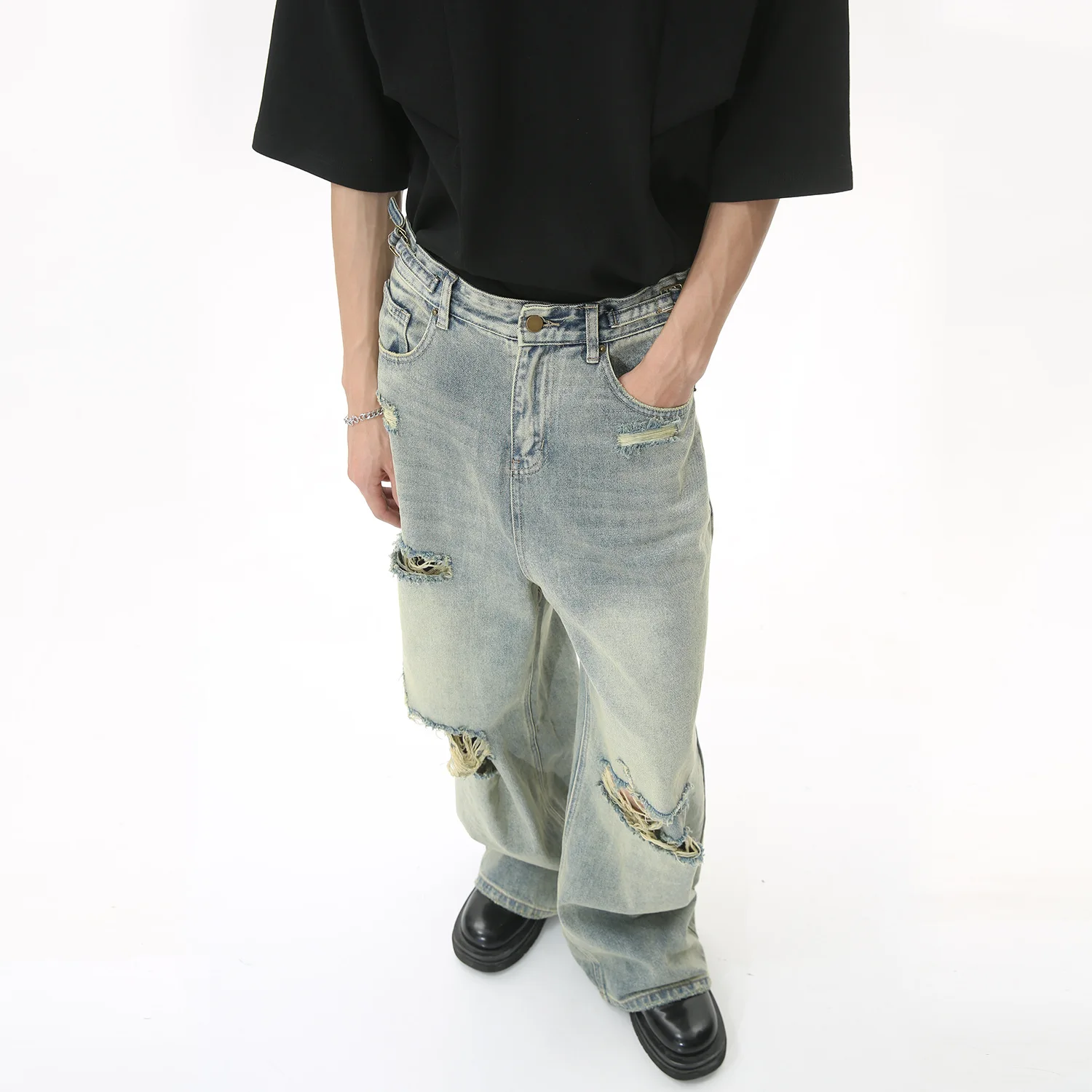 MTLCLOTHES 2023 New Summer Loose Fit Hip-Hop American High-Street Jeans with Floor-Length and Distressed Holes for Men