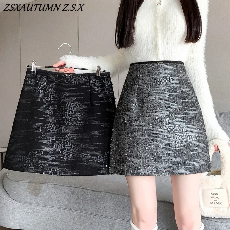 Korea High Waist Heavy Sequin Slim A-line Skirt Women Mini Skirts Female Fashion Popular Party Sexy Hip Skirts Streetwear