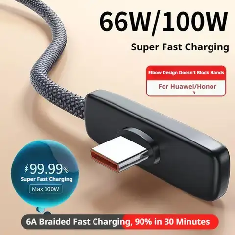 100W 6A Fast Charging Cable Type-C Elbow Braided Charging Cord For Android Huawei Honor Durable Sturdy,Convenient Play Phone