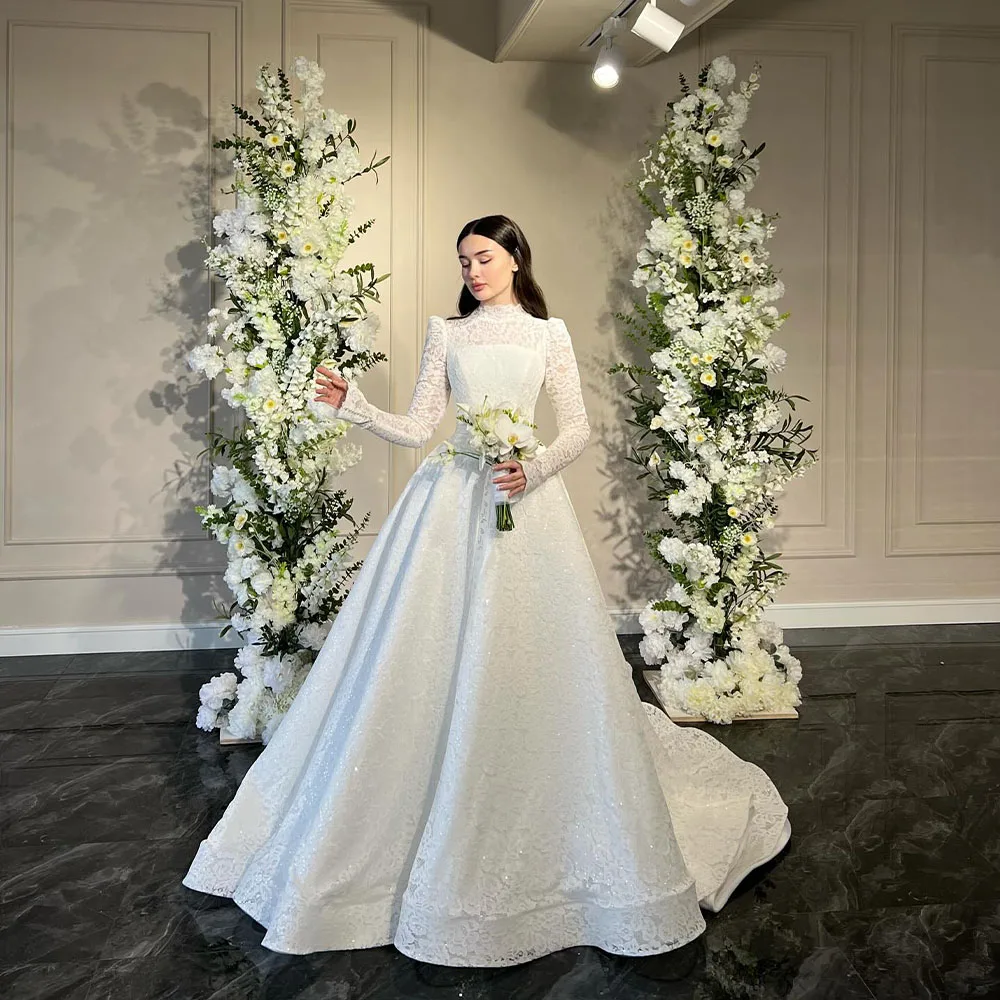 

Exquisite Wedding Dresses with High Neck Long Sleeve A Line Princess Bride Dress Sequined Church Bridal Ball Gown Customized