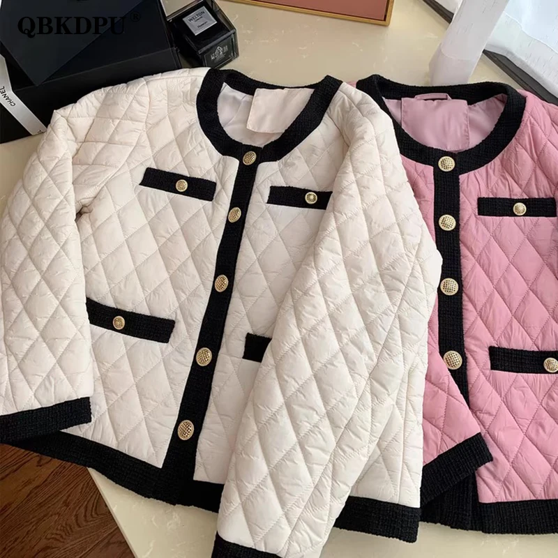 Korean White Argyle Plaid Cotton-Padded Jacket Women Vintage Long Sleeve Short Coat Autumn Winter Light Thin Elegant Outerwear