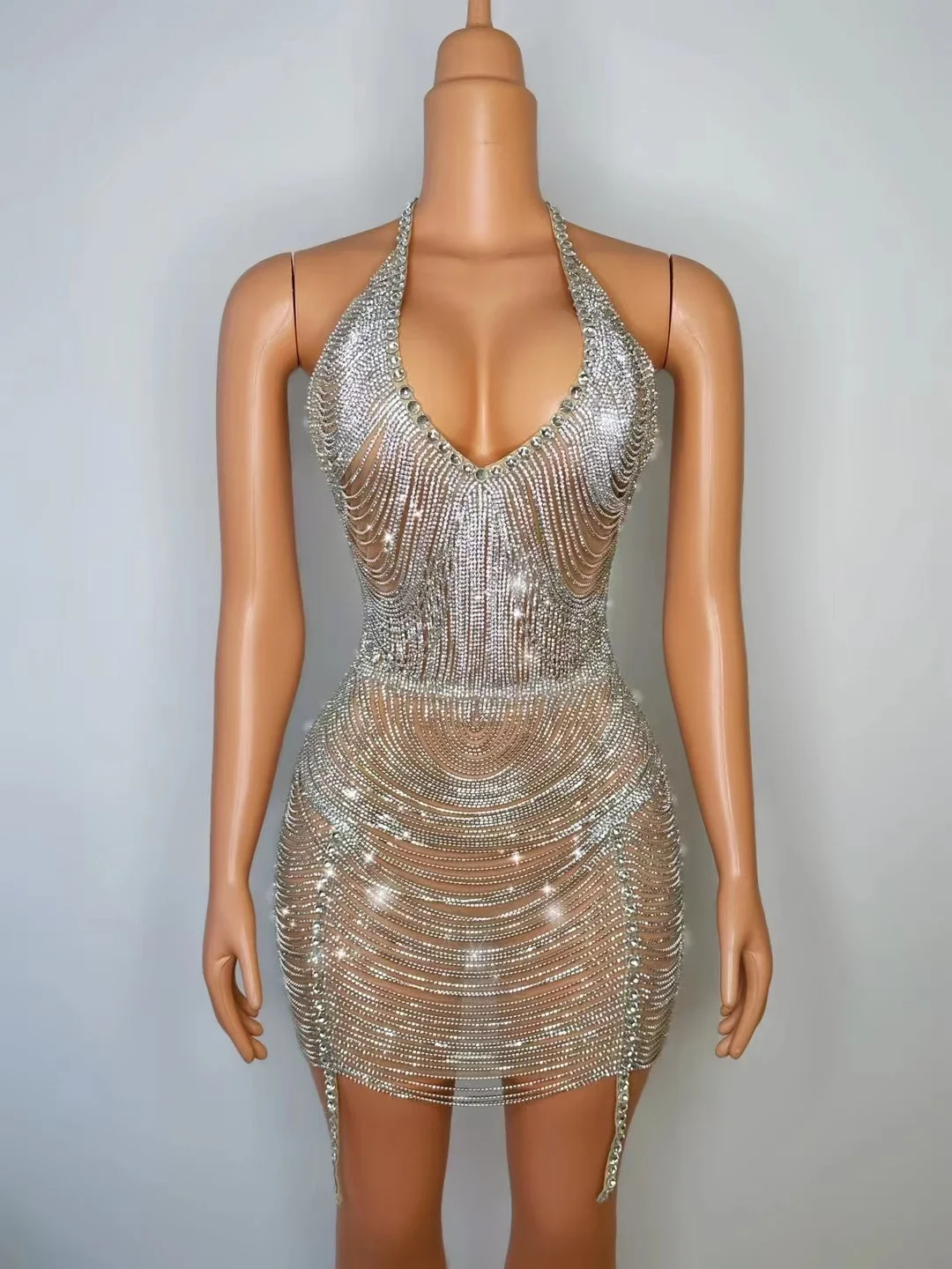 Sparkly Rhinestones Chains V Neck BacklessShort Dress Sexy Birthday Party CelebriateCostume Nightclub Outfit Show Stage WearA001