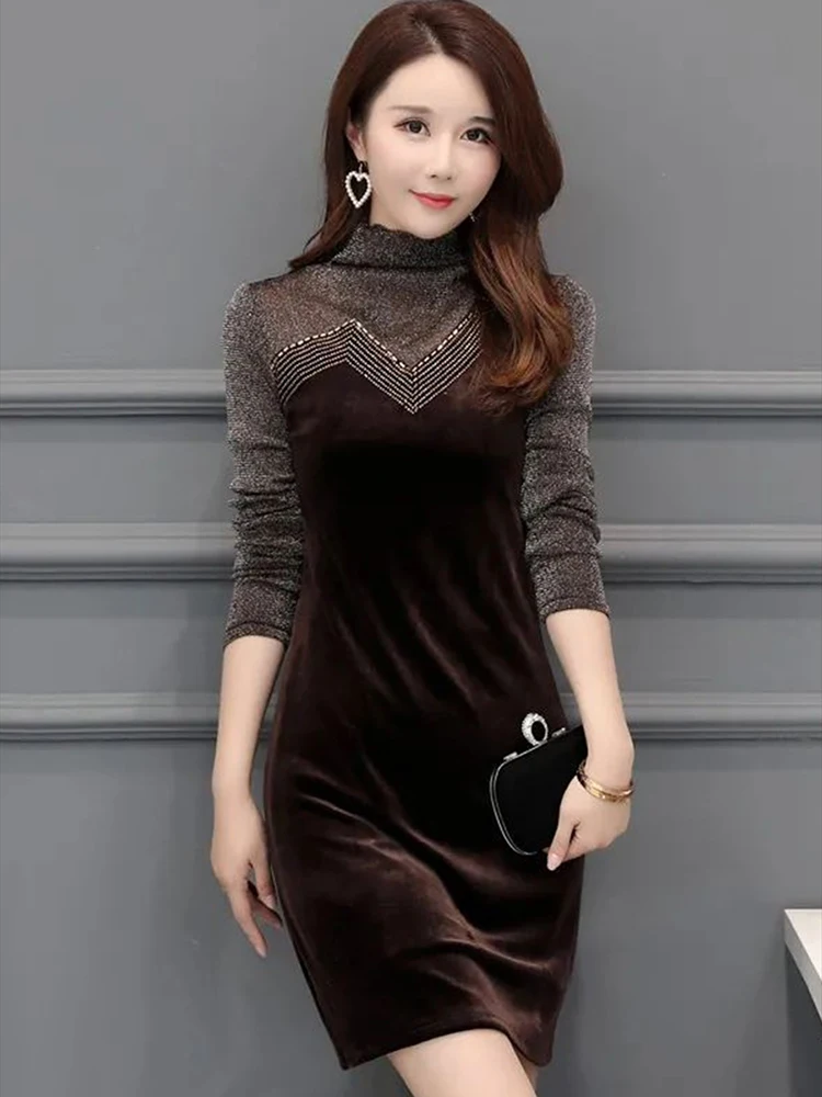 

Vintage Elegant Dresses Women Lace Patchwork Velvet Long Sleeve Slim Stretch Split Temperament Dress Ladies Black