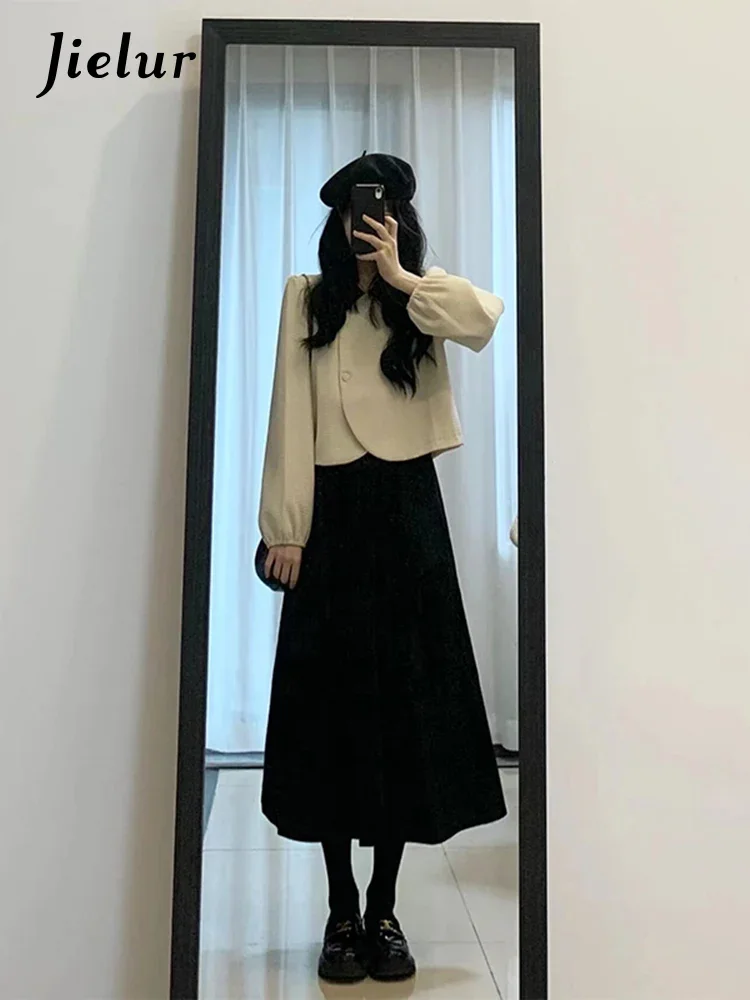 

Two Piece Autumn New Solid Color Sweet Skirts Women Casual Loose Chic Ladies Woman Skirts French Simple Basic Top Female