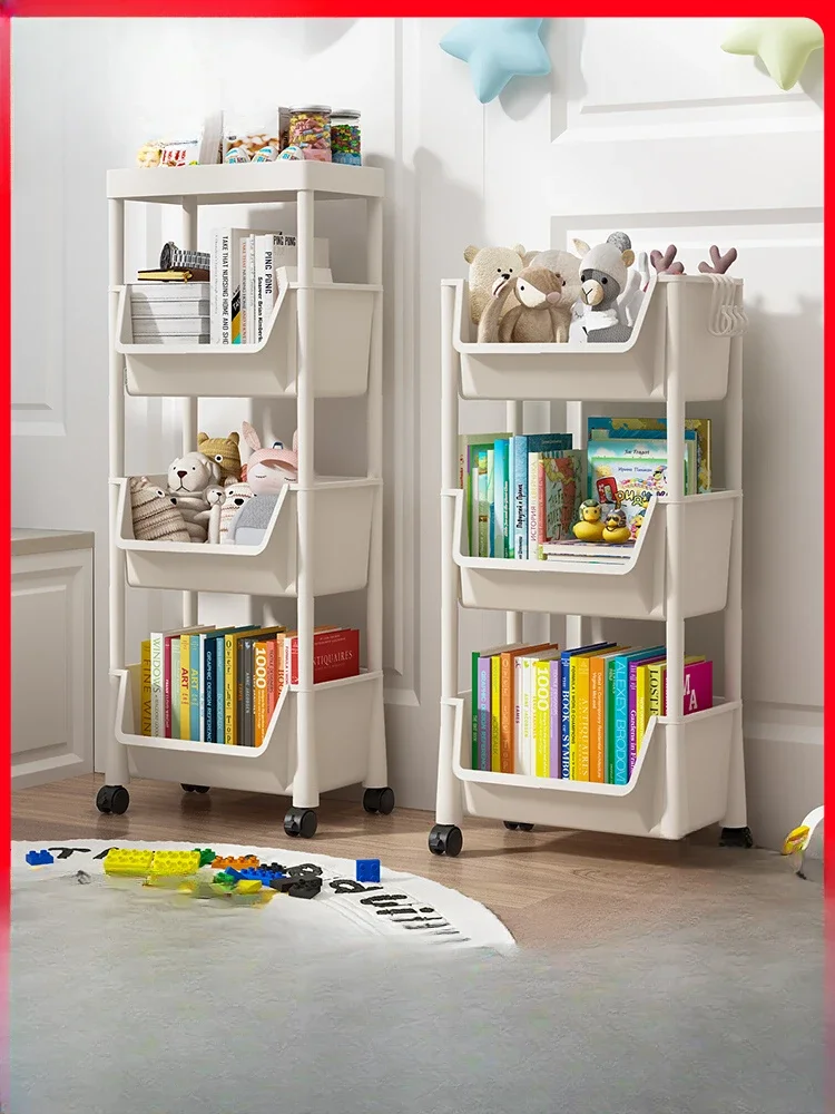 Mobile bookshelf storage rack, children's toy storage rack, multi-layer household small cart with wheels, floor standing simple