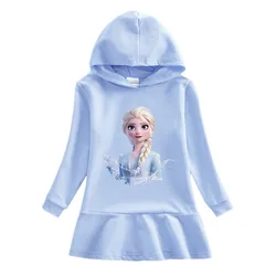 2024 New Disney Quality Cotton Autumn Girls Dress Clothing for Children Pink Long Sleeve Kids Bluey Frozen Elsa Clothes Hooded