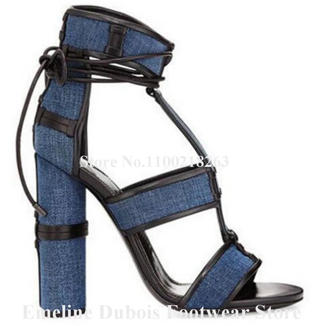 Fashion Mixed-colors Stripes Thick Heel Sandals Emeline Dubois Open Toe T-straps Patchwork Chunky Heel Sandals Dress Heels