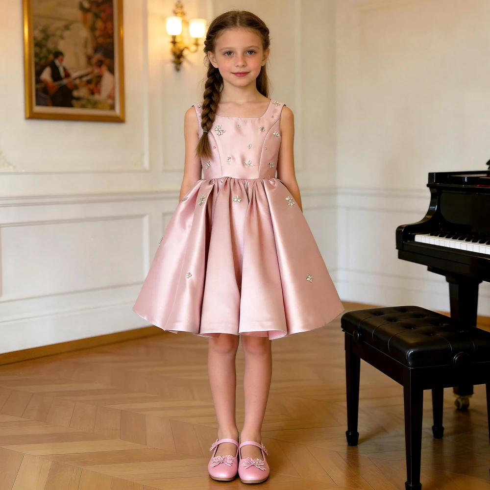 

Children New Luxury Dresses Pink Satin Princess Dress For Girls Piano Performance Formal Prom Party Birthday Wedding Puffy Gown