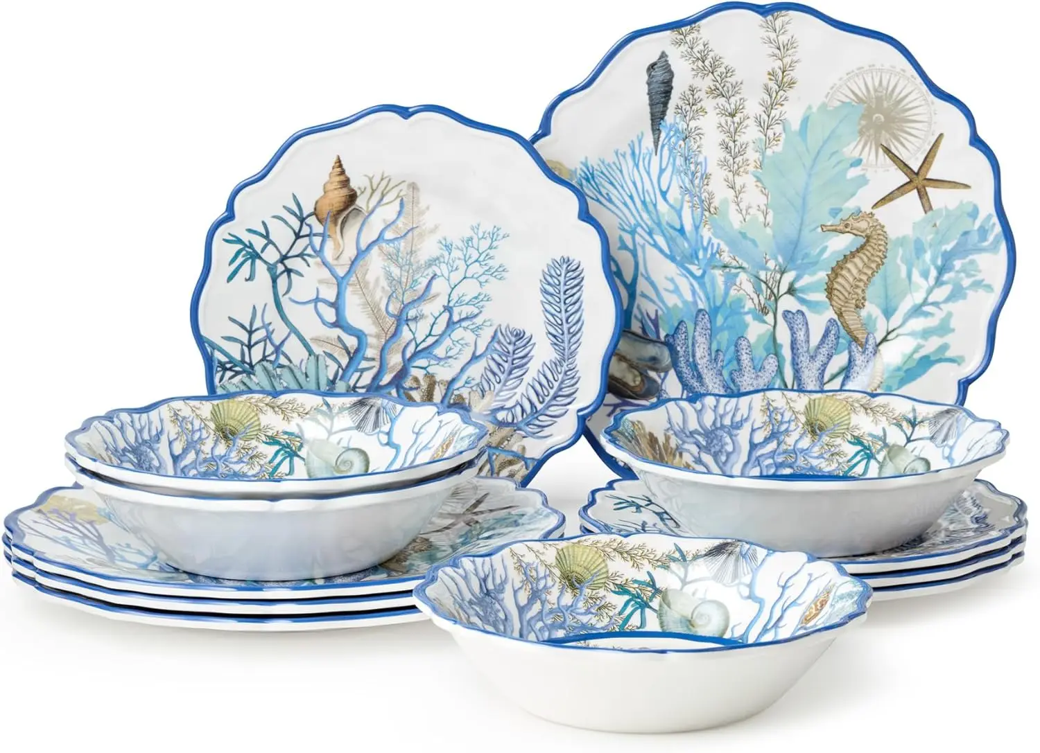 

Набор столовой посуды из 12 предметов Blue Lagoon Melamine — дизайн из прибрежного коралла и ракушки, сервиз для обеденных тарелок диаметром 4–11 дюймов, 9-дюймовая тарелка для салата